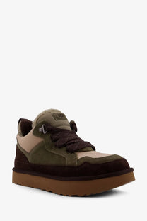 Ugg men’s Lowmel sneaker in olive and brown suede and mesh with chunky tan rubber sole for casual wear