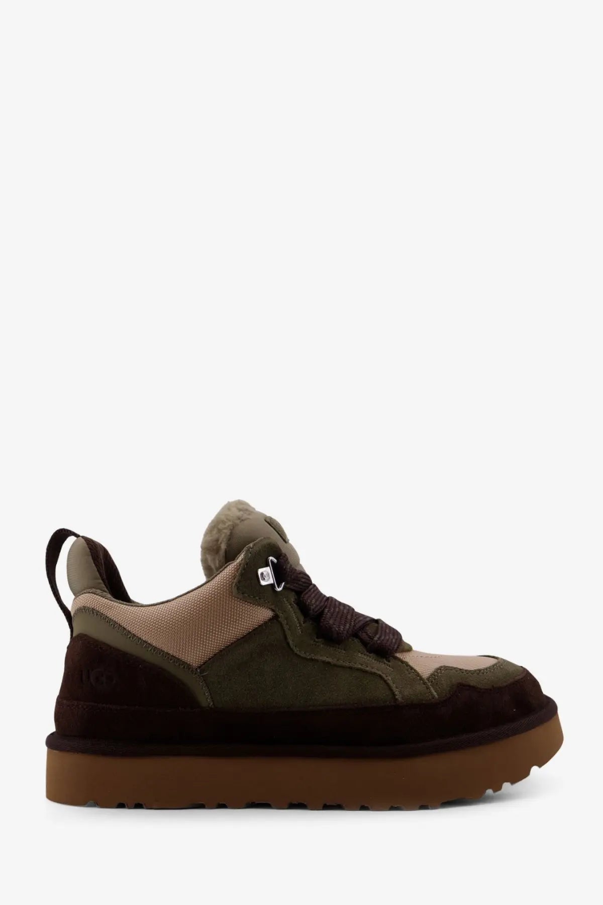 UGG men’s lowmel olive and brown suede and nylon sneaker with plush interior lining for comfortable wear