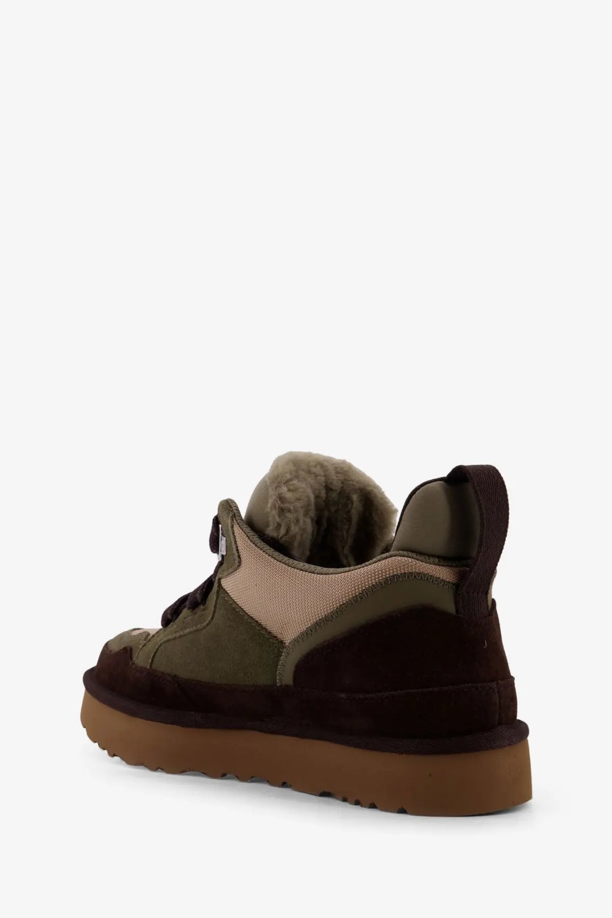 Ugg men’s lowmel olive and dark brown suede sneaker with plush olive shearling lining and nylon accents