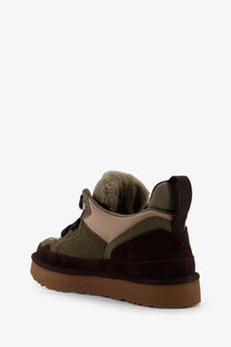 Ugg men’s lowmel olive and dark brown suede sneaker with plush olive shearling lining and nylon accents
