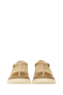 Ugg men’s sandal tasman brown beige suede moccasin loafers with soft textured upper and light beige rubber soles