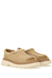 Beige suede ugg men’s sandal tasman slip-on loafers with chunky white rubber sole and tan stitching