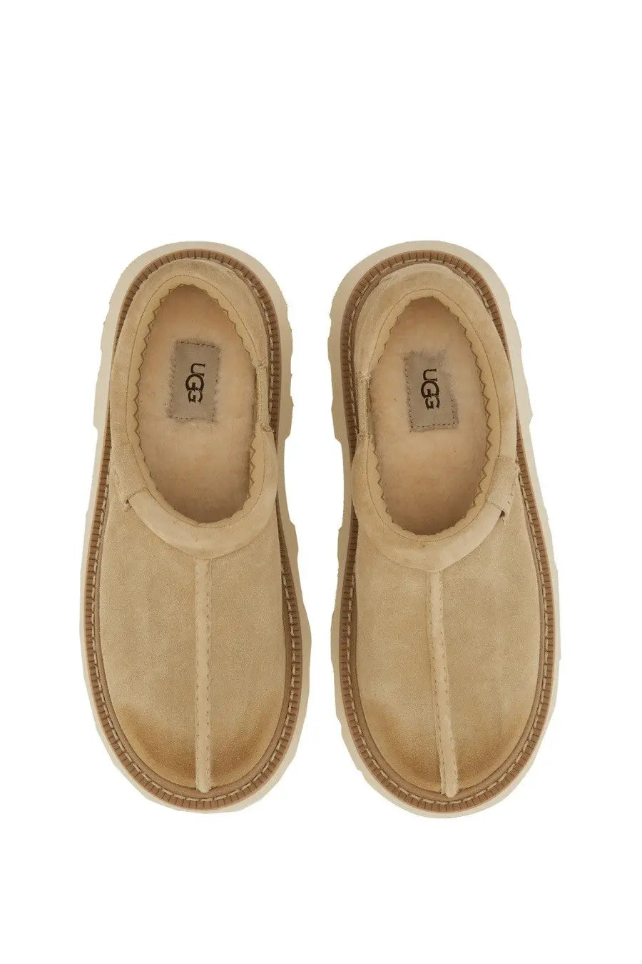 Beige suede ugg men’s sandal tasman brown slip-on mules with thick cushioned sole and stitched detailing