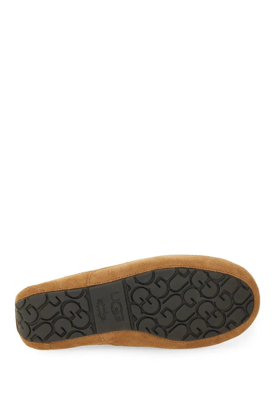 Ugg men’s slip on loafer linscot brown in tan suede with black rubber sole featuring interlocking ugg logo pattern