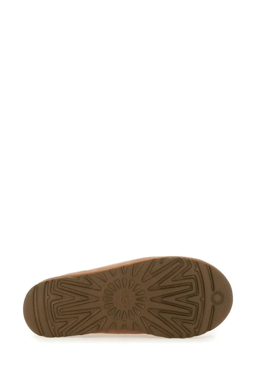 Brown rubber sole with geometric tread pattern and ugg logo embossed near the heel on ugg men’s slipper tasman brown