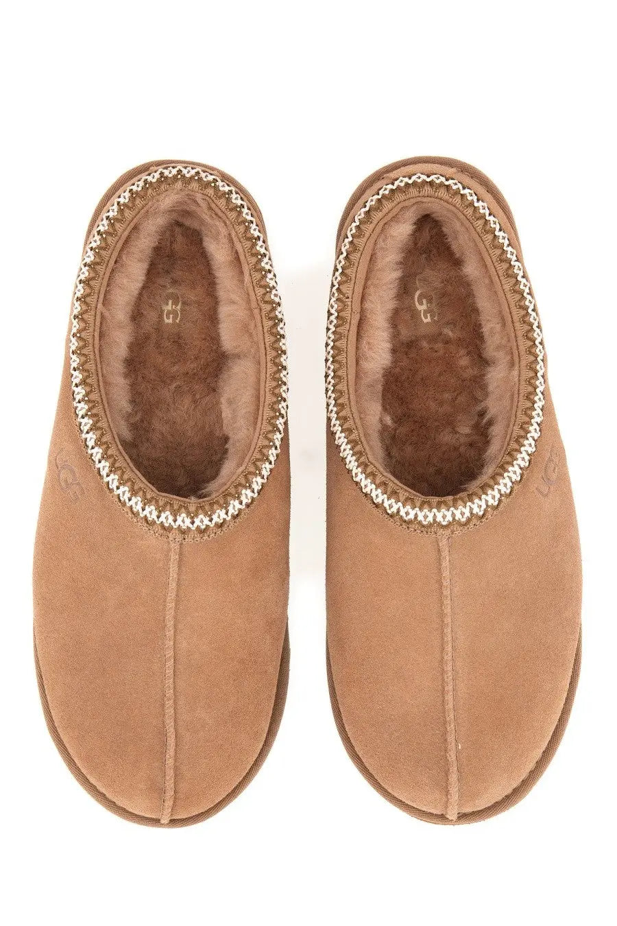 Ugg men’s tasman brown tan slip-on mules with plush shearling lining and decorative silver stitching along the opening