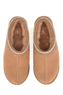 Ugg men’s tasman brown tan slip-on mules with plush shearling lining and decorative silver stitching along the opening