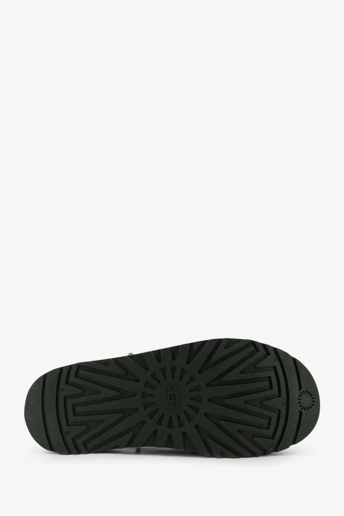 Black rubber sole with radiating tread pattern and ugg logo embossed on ugg men’s green suede sandals