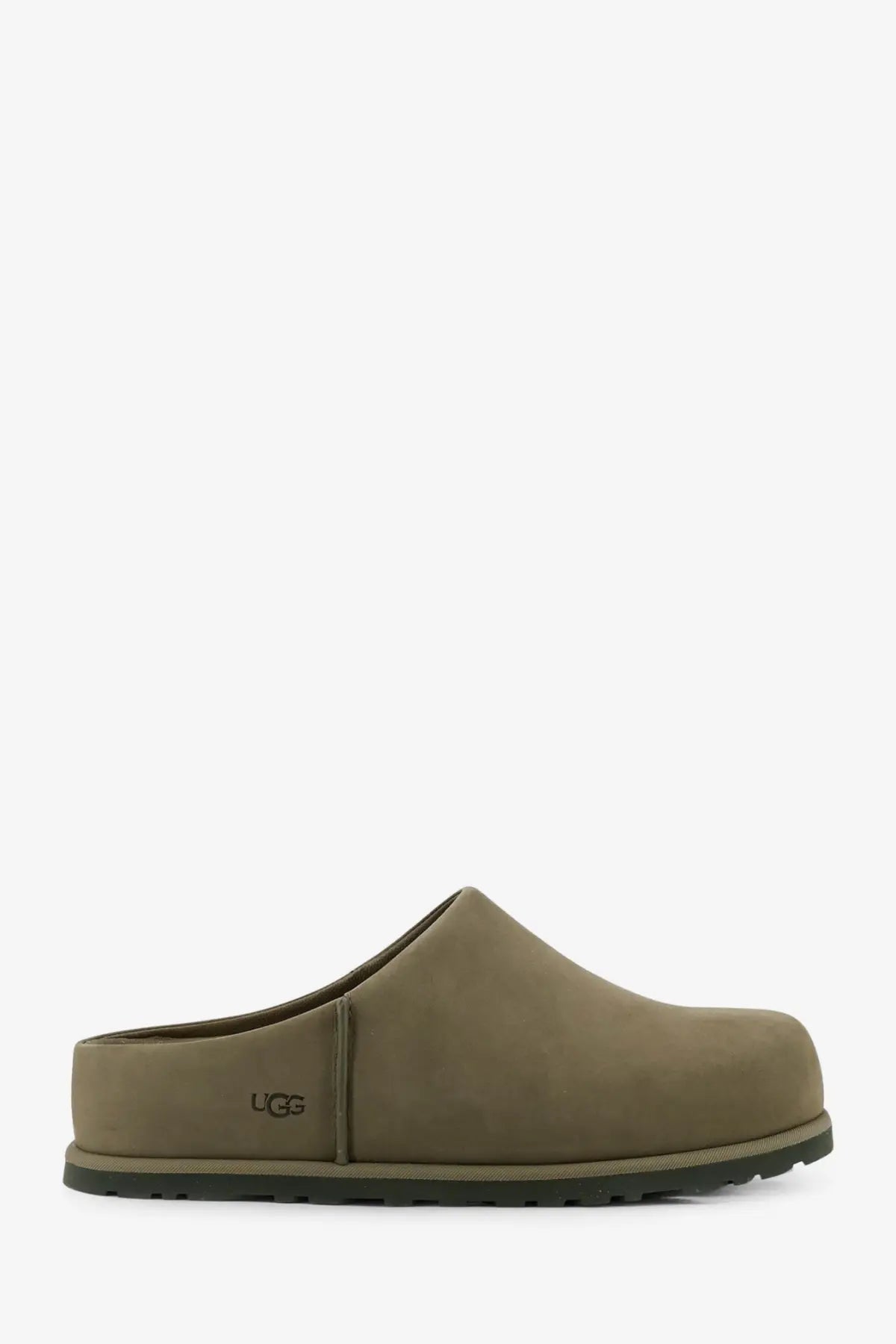 Ugg men’s suede sandals in olive green with a black rubber sole featuring a suede upper and clog design