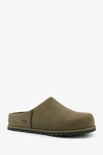 Ugg men’s suede sandals green featuring olive green suede ugg clog with black rubber sole front view