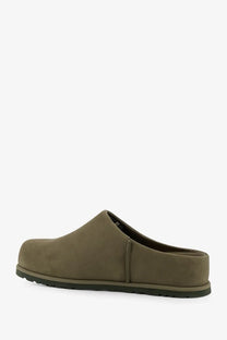 Ugg men’s olive green suede clogs with black rubber sole for casual comfortable wear