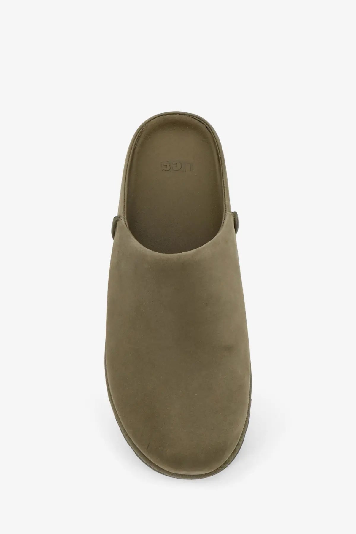 Ugg men’s olive green suede slip-on mule sandal with soft cushioned sole and rounded toe