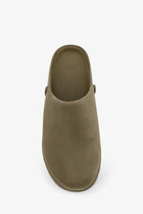 Ugg men’s olive green suede slip-on mule sandal with soft cushioned sole and rounded toe