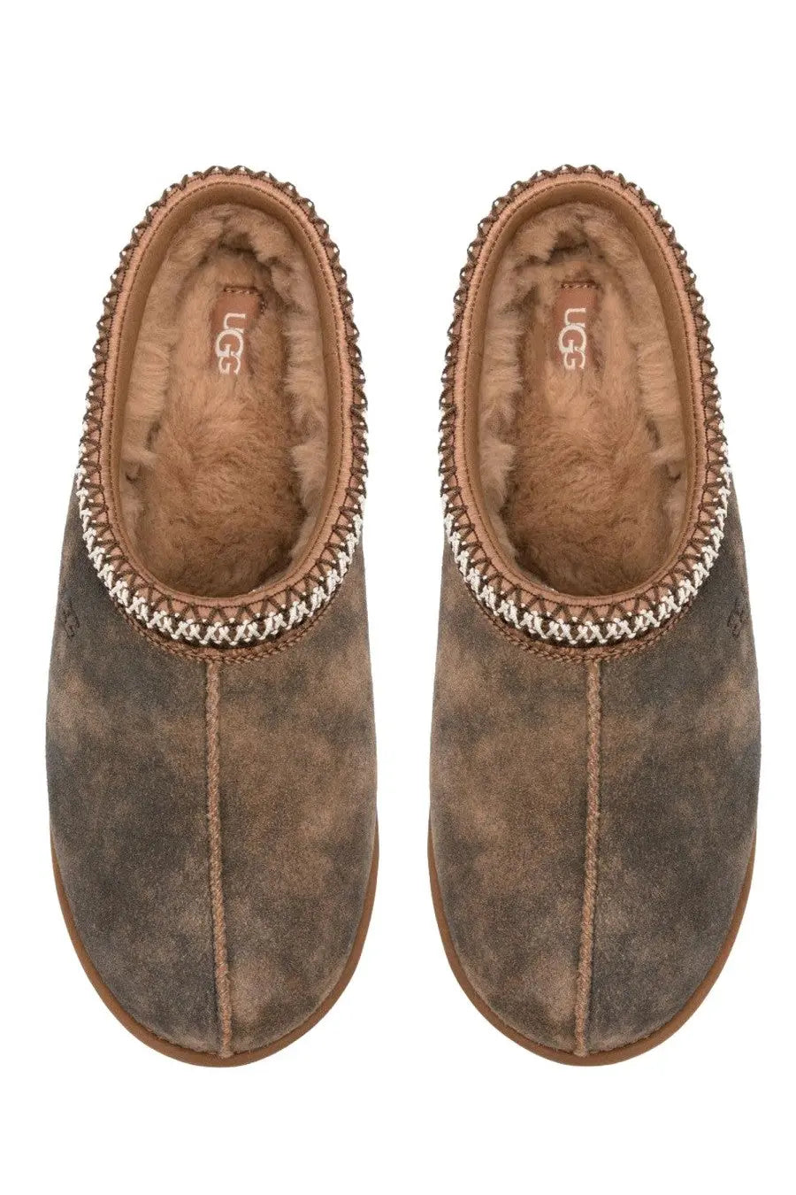 Ugg men’s tasman baxter shoe brown suede slip-on mules with braided trim and plush shearling lining