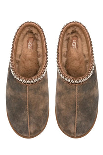 Ugg men’s tasman baxter shoe brown suede slip-on mules with braided trim and plush shearling lining