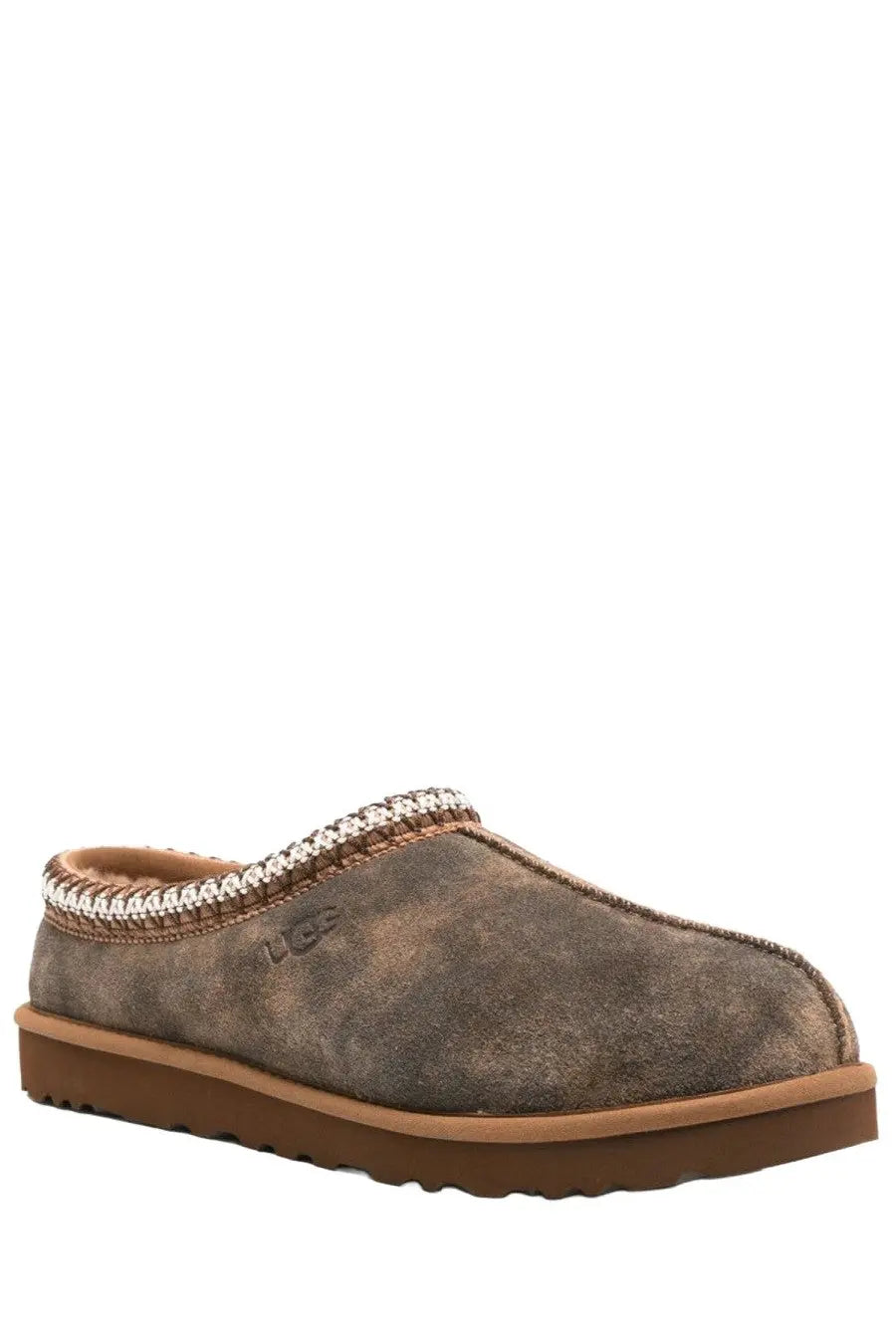 Ugg men’s Tasman Baxter shoe brown brown suede slipper with braided trim and tan rubber sole