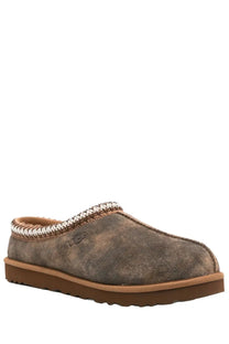 Ugg men’s Tasman Baxter shoe brown brown suede slipper with braided trim and tan rubber sole