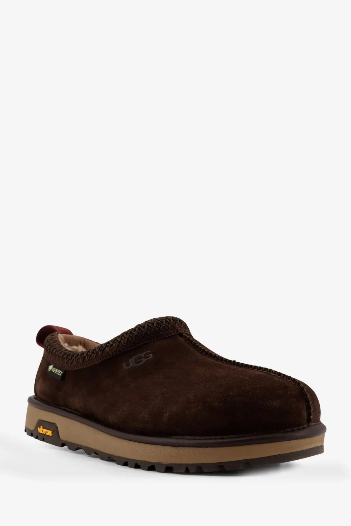 Ugg men’s tasman gtx suede slip grey boot in brown with tan rubber sole and black stitching front view