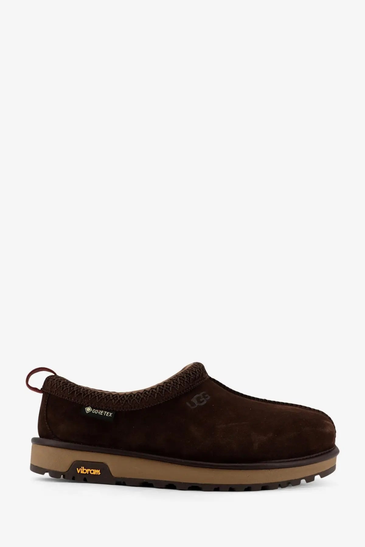 Ugg men’s tasman gtx suede slip grey shoe in brown with tan rubber sole and gore-tex waterproofing features