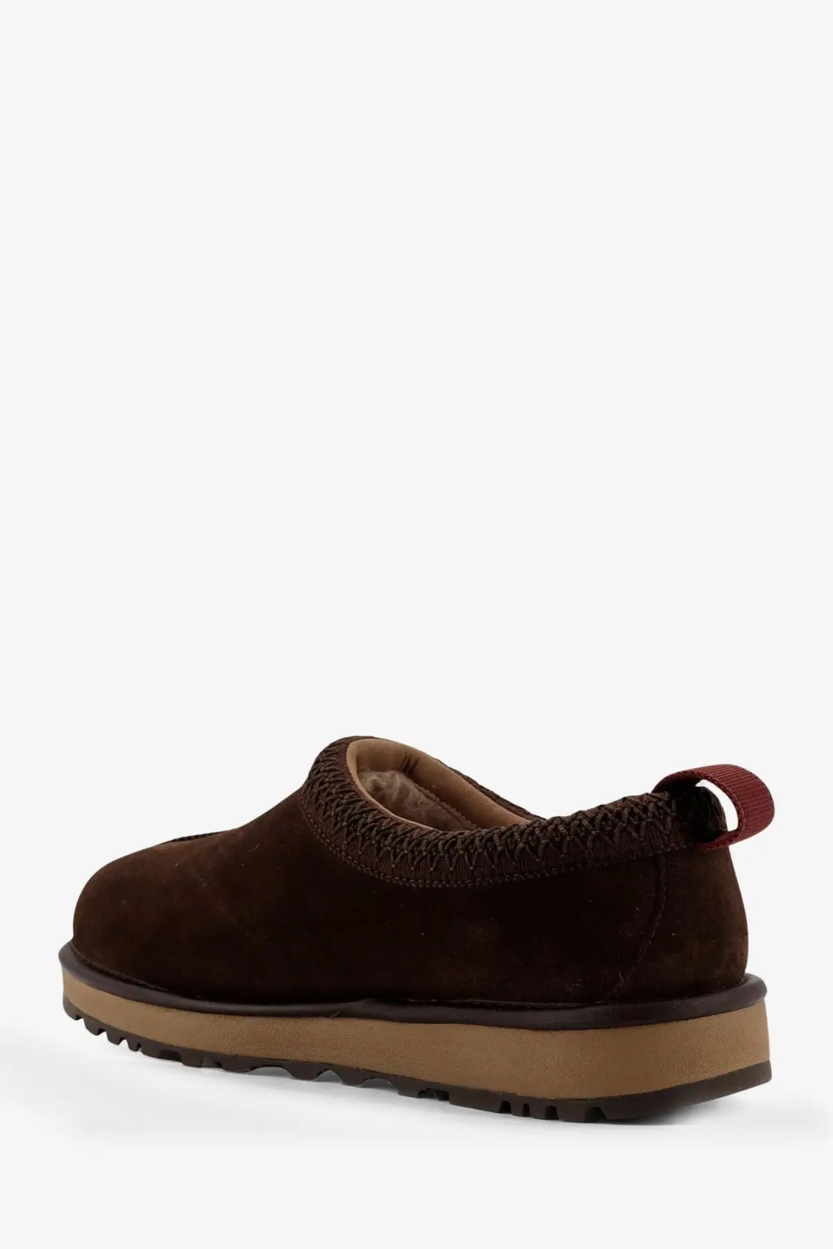 Ugg men’s tasman gtx suede slip grey featuring brown suede slip-on shoe with textured knit collar and tan rubber sole