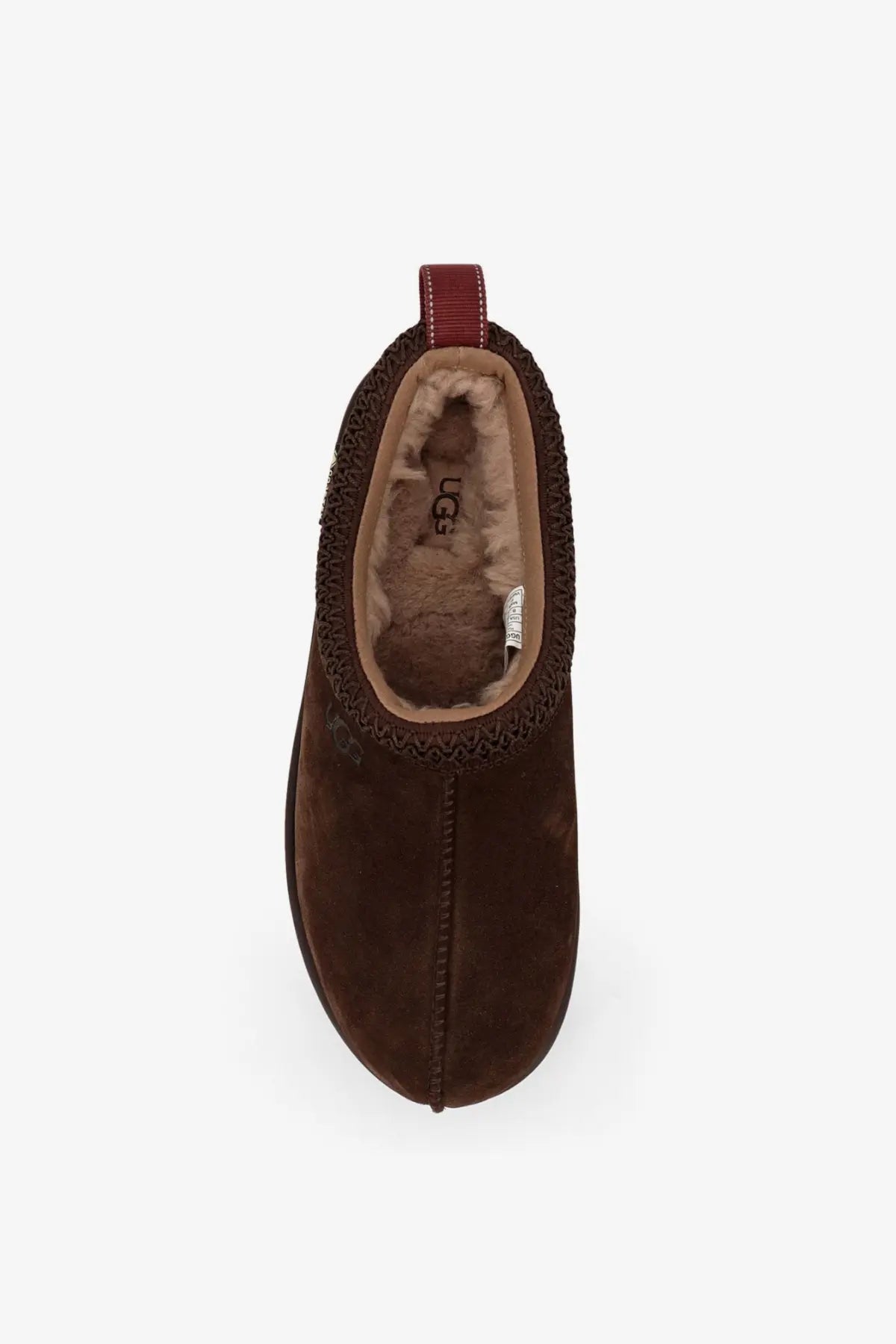 Ugg men’s tasman gtx suede slip grey with brown suede, plush tan shearling lining, and textured knit cuff