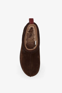 Ugg men’s tasman gtx suede slip grey with brown suede, plush tan shearling lining, and textured knit cuff