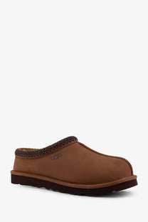 Brown ugg men’s tasman ii nubuck sandals with braided trim and suede upper slip-on mule design