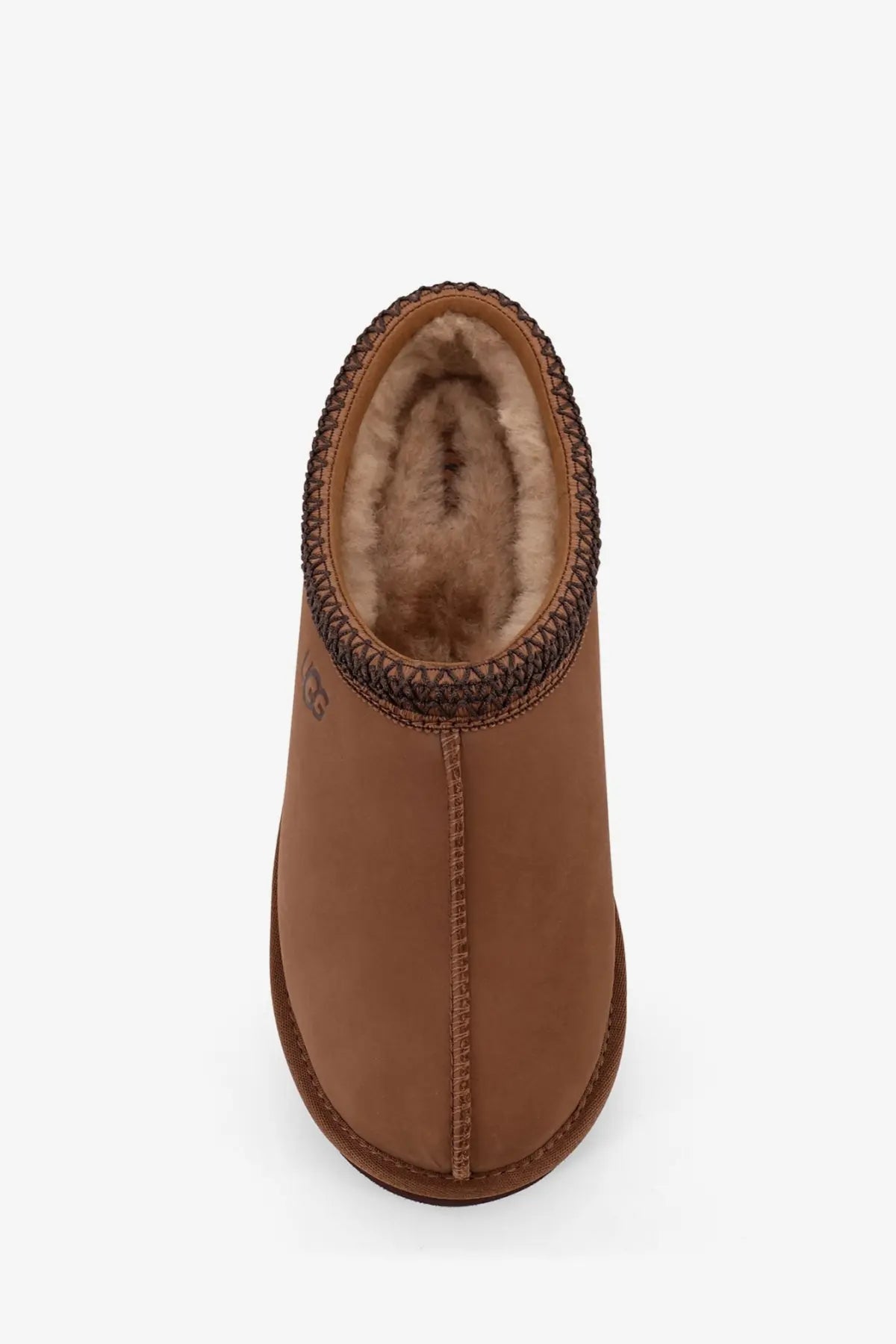 Ugg men’s tasman ii nubuck sandals brown with plush tan shearling lining and braided trim around the opening