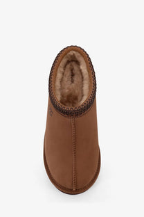 Ugg men’s tasman ii nubuck sandals brown with plush tan shearling lining and braided trim around the opening