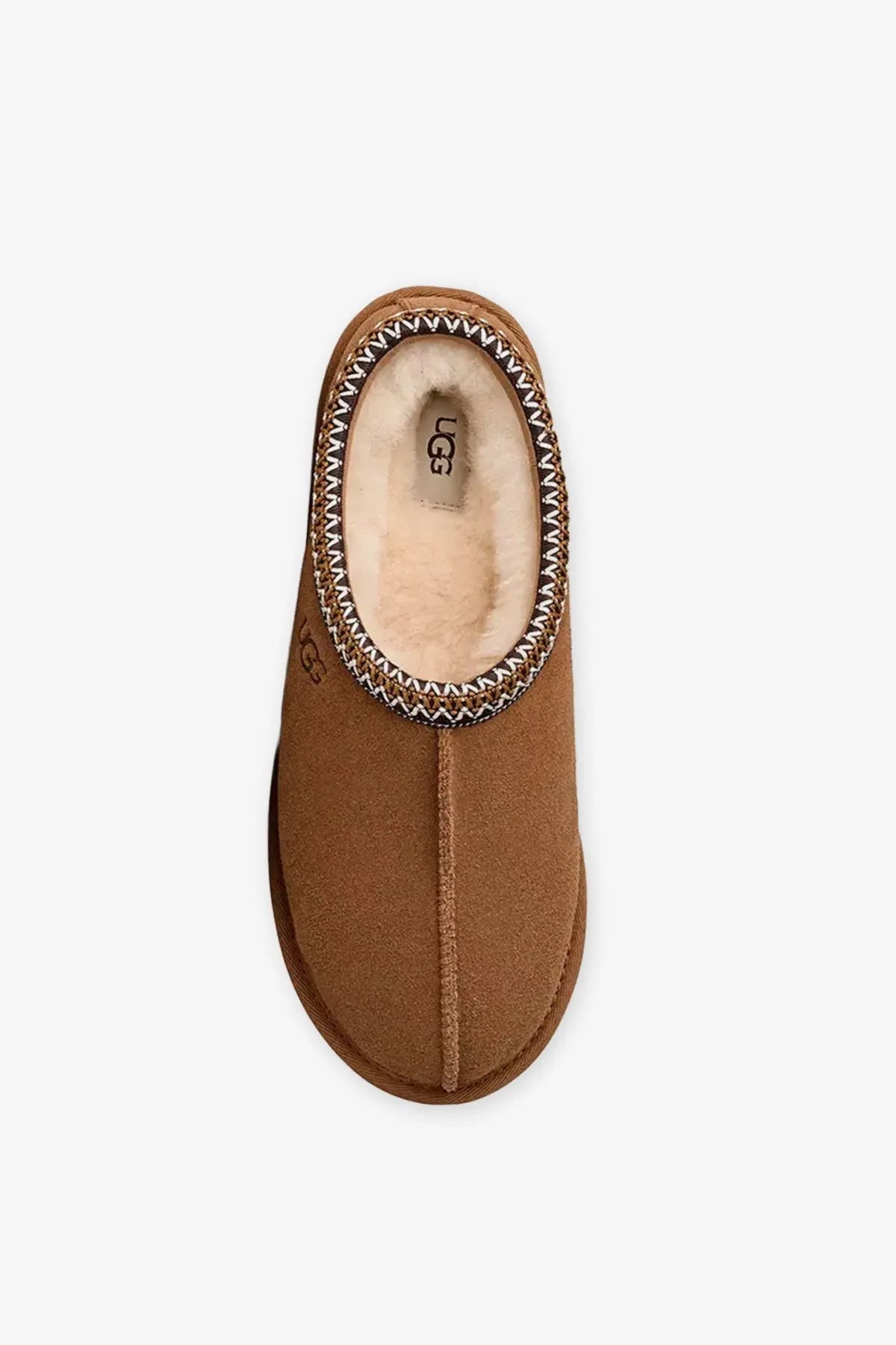 Ugg men’s tasman ii brown suede slipper with plush shearling lining and decorative zigzag stitching along the opening