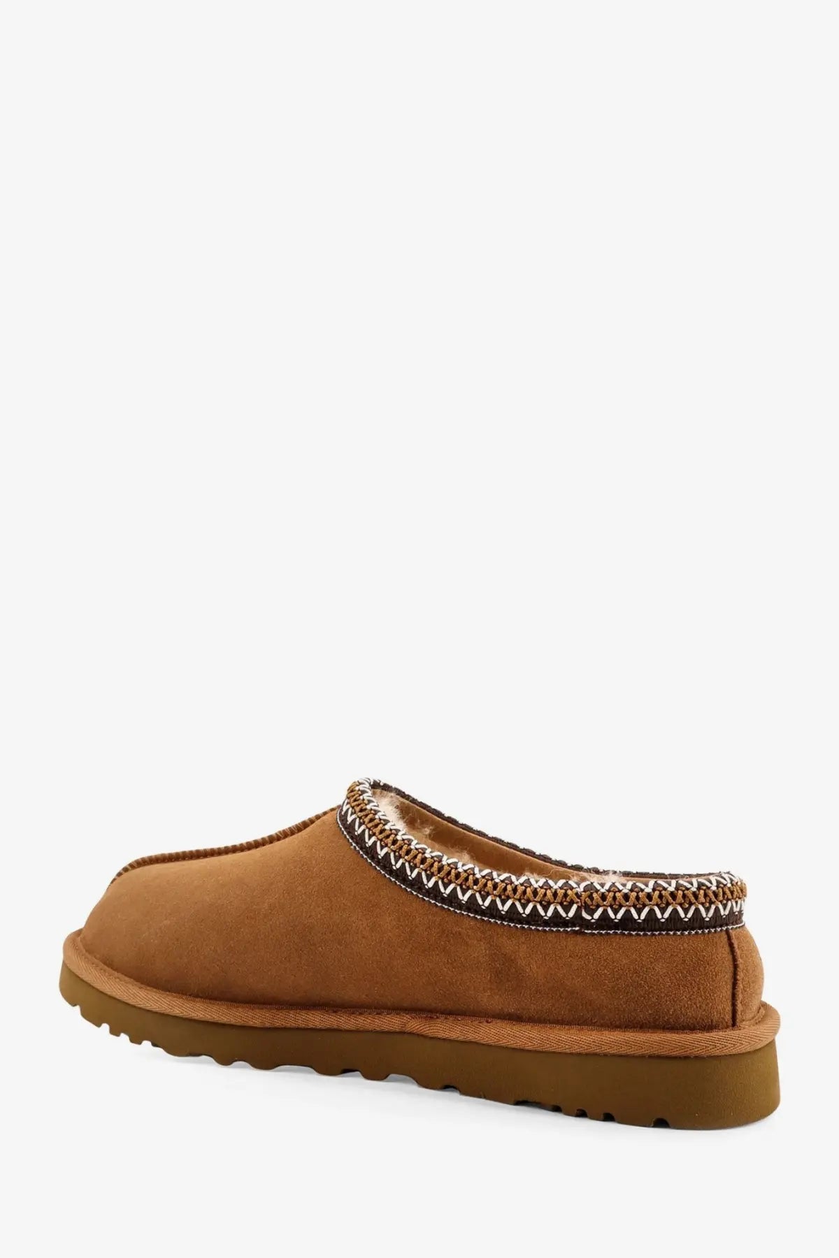 Ugg men’s tasman ii tan suede slipper with stitched decorative border and plush shearling lining