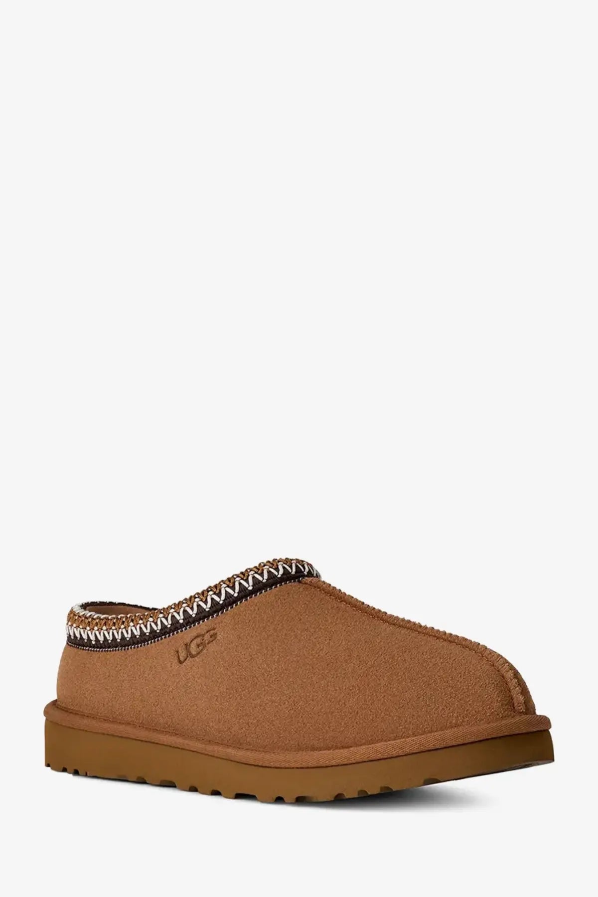 Ugg men’s tasman ii suede slip slipper in brown with stitched zigzag trim and tan suede upper