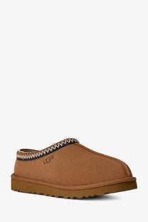 Ugg men’s tasman ii suede slip slipper in brown with stitched zigzag trim and tan suede upper