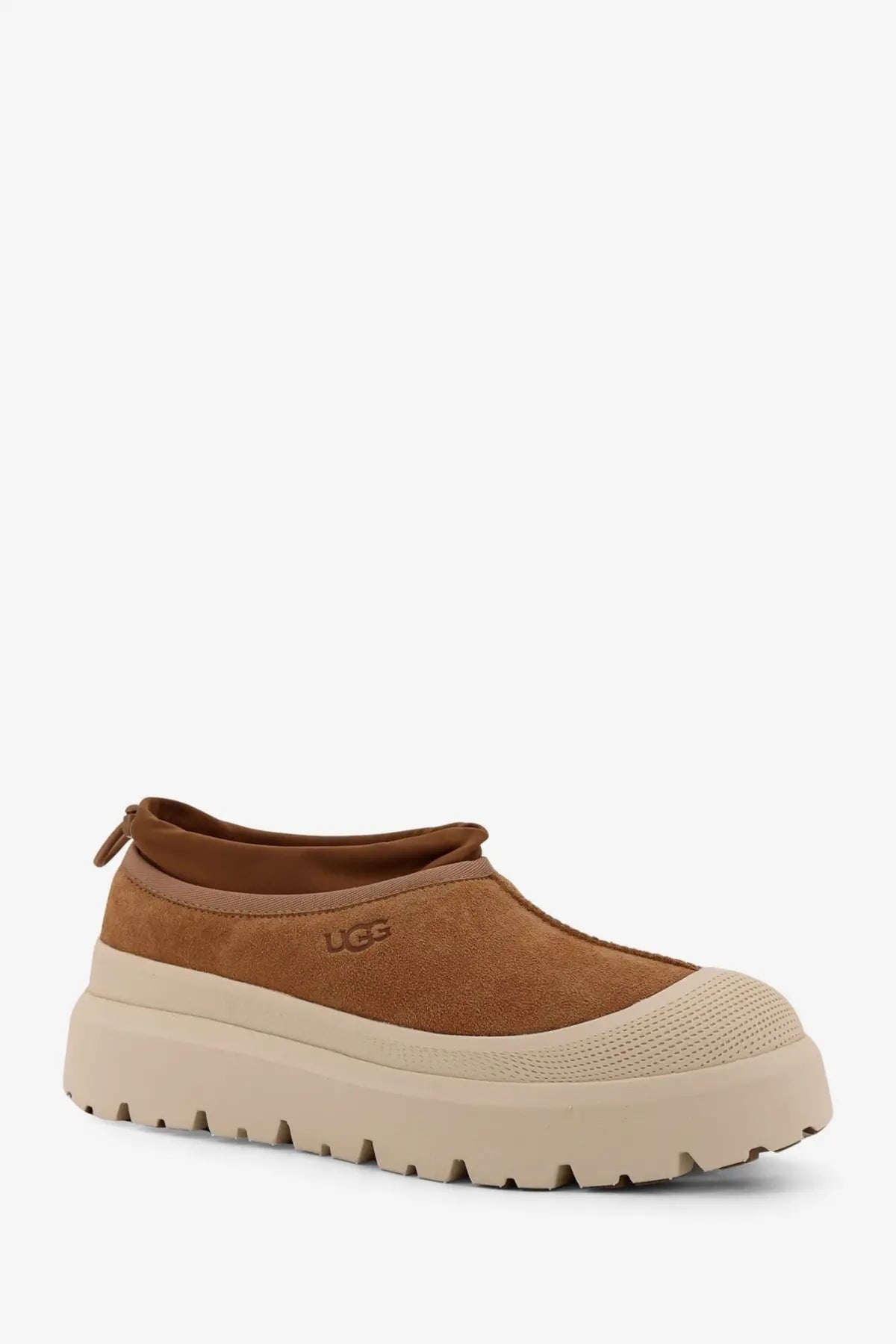 Ugg men’s tasman weather hybrid brown suede slip-on shoe with beige rubber sole and textured toe cap