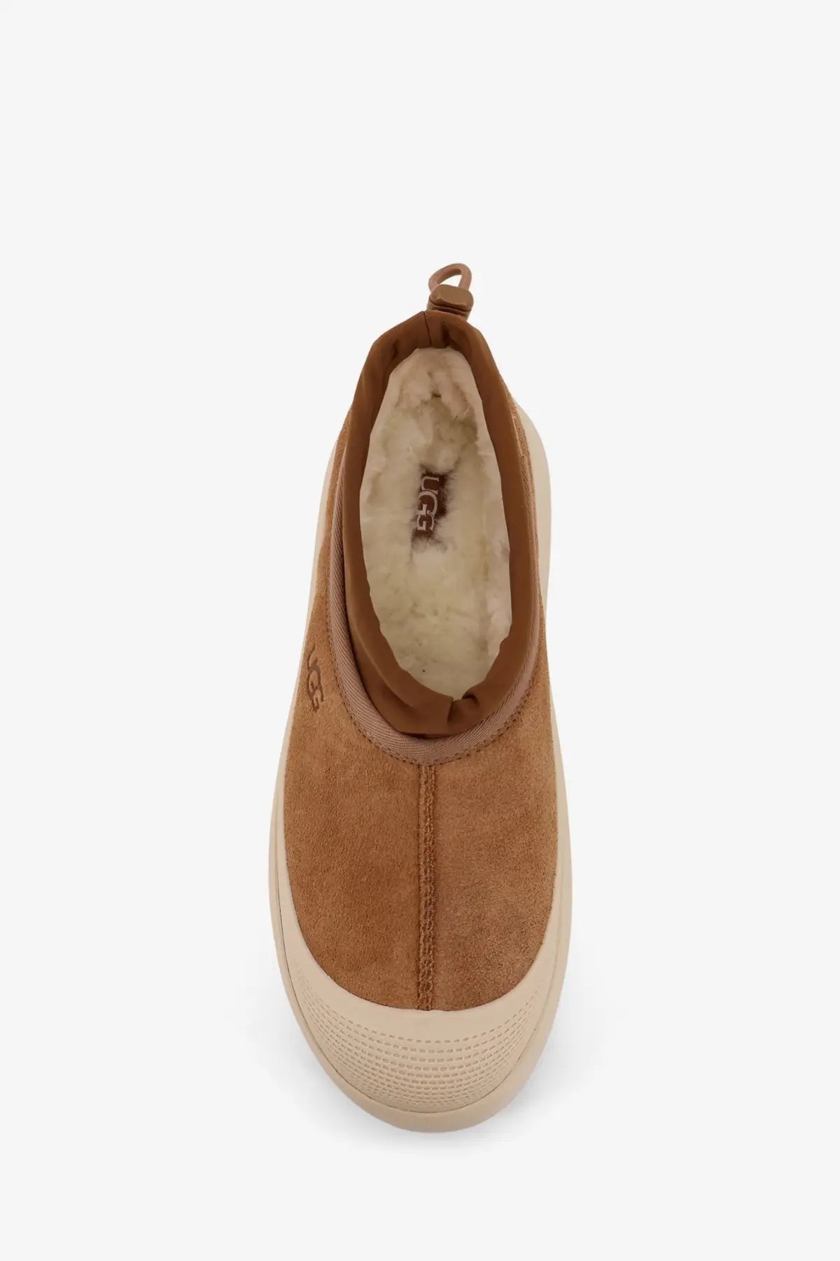Ugg men’s tasman weather hybrid tan suede slip-on boot with plush shearling lining and beige rubber sole