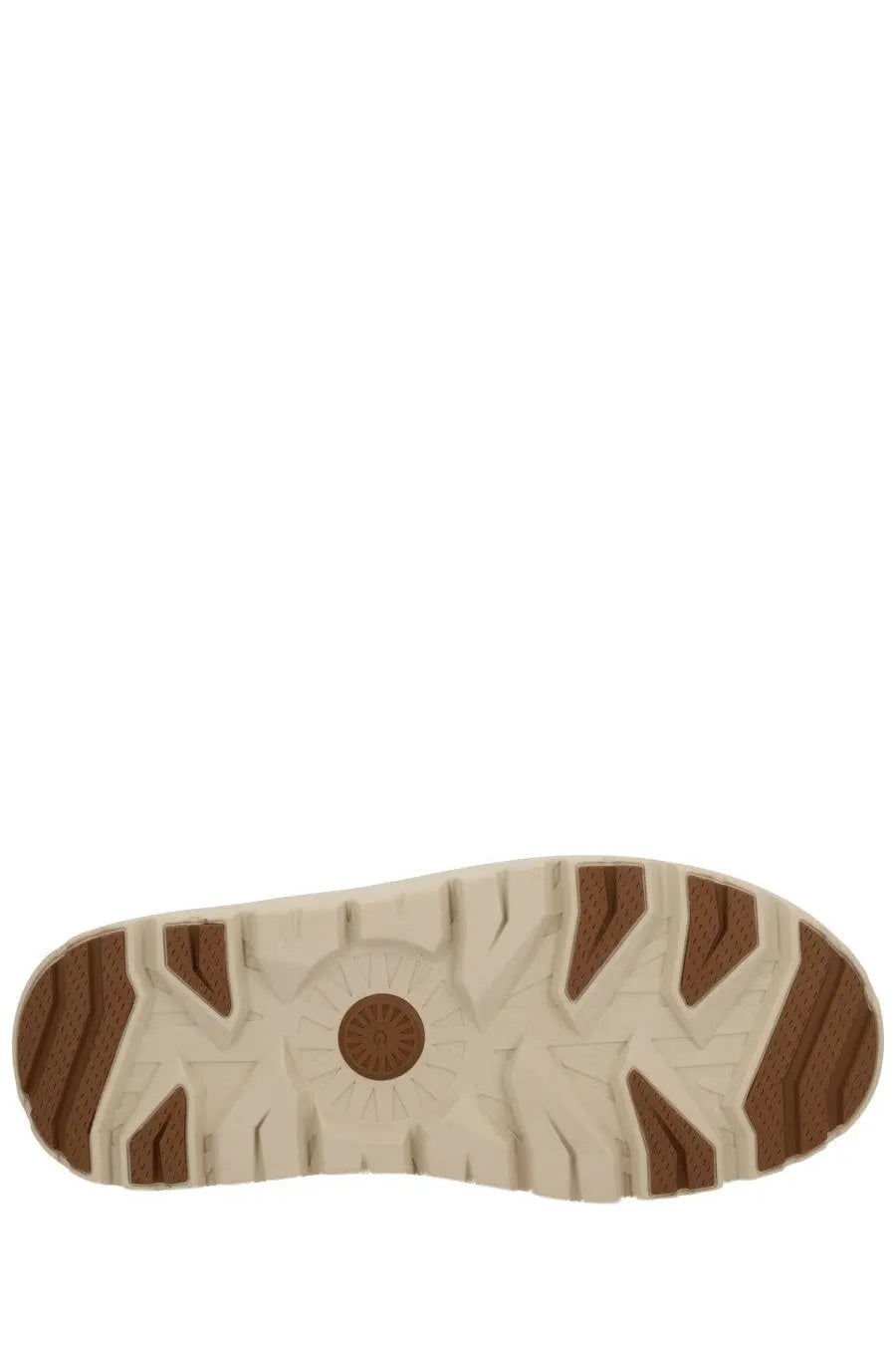 Beige and brown rubber sole with circular ugg logo on ugg men’s ultra mini weather hybrid boots brown back side