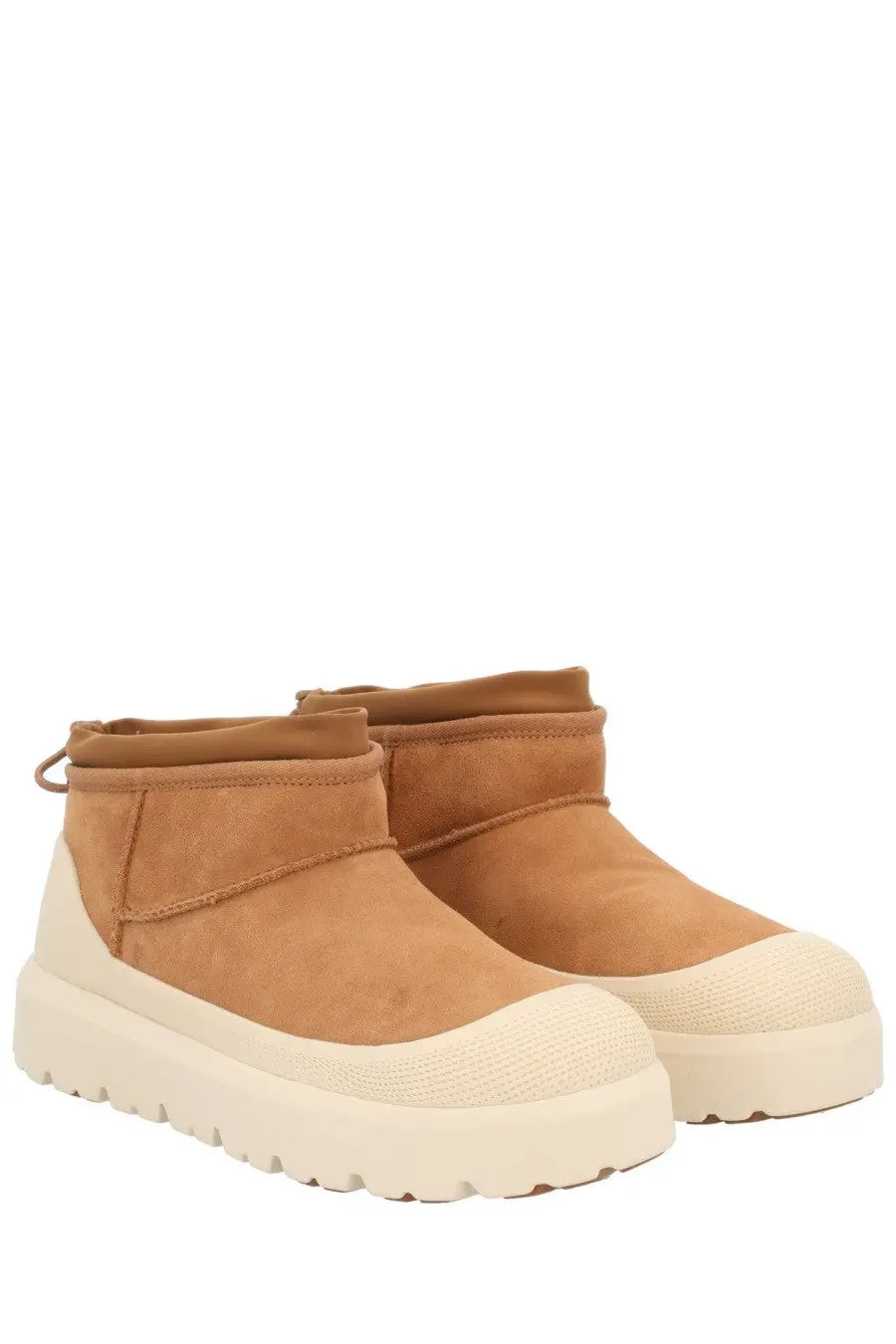 Ugg men’s ultra mini weather hybrid tan suede ankle boots with white rubber sole and toe cap