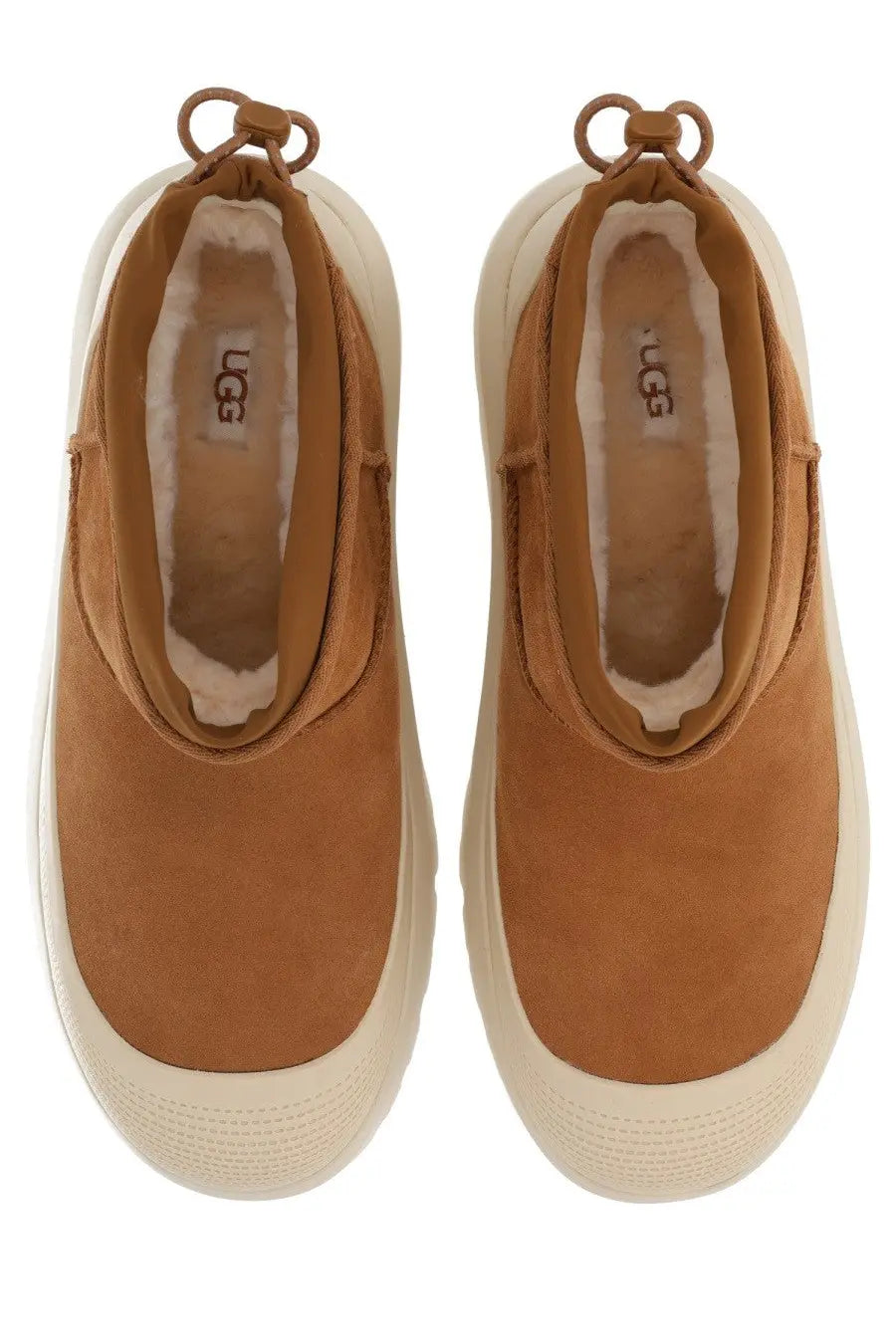 Ugg men’s ultra mini weather hybrid boots in brown tan suede with cream rubber sole and plush white lining