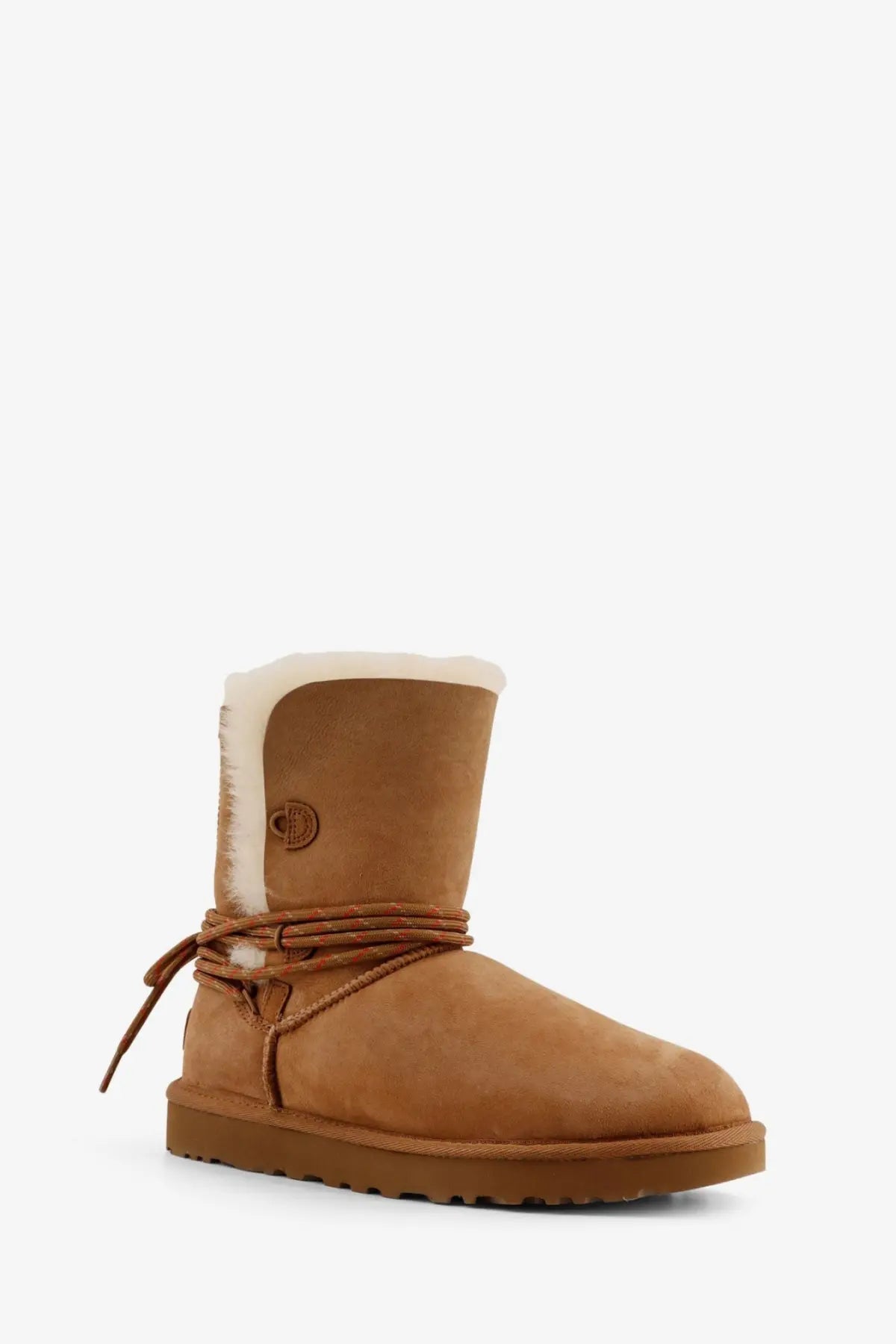 Ugg women’s bailey tie tan suede ankle boot with white shearling lining and braided leather strap visible from the side