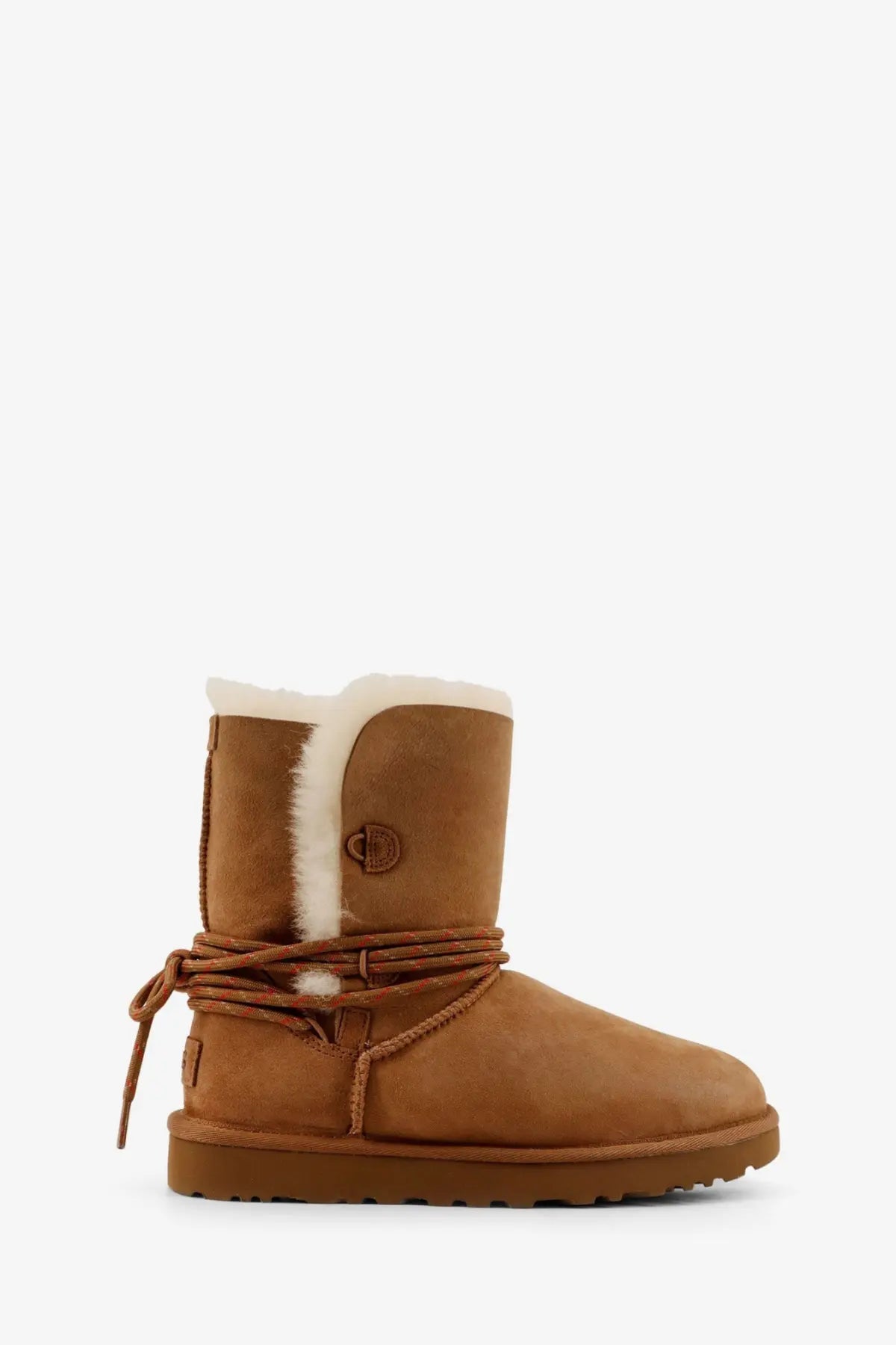 Ugg women’s bailey tie brown suede ankle boots with tan suede and white shearling lining and tied lace detail