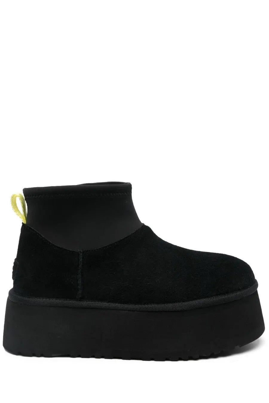 Ugg women’s classic mini dipper black suede platform boot with neon yellow pull tab back side view
