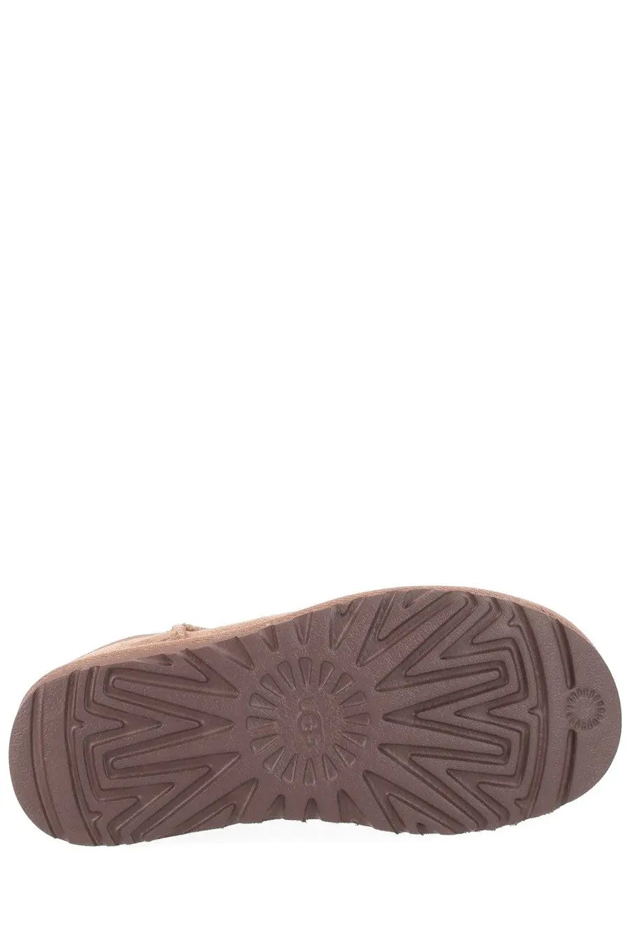 Back view of ugg women’s classic ultra mini beige boot with brown rubber sole and geometric tread pattern