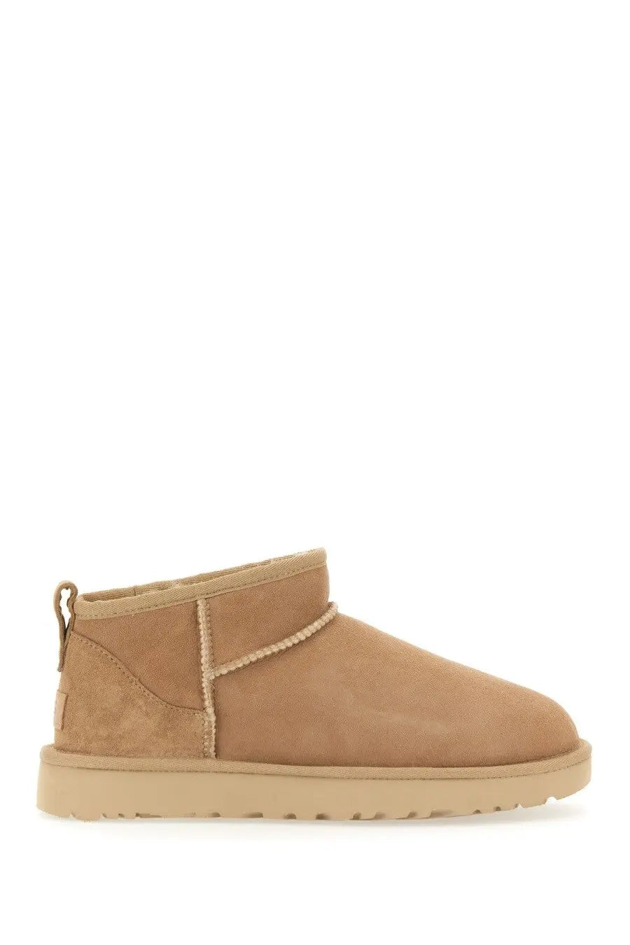 Ugg women’s classic ultra mini boot in beige tan suede with plush interior and classic stitching details