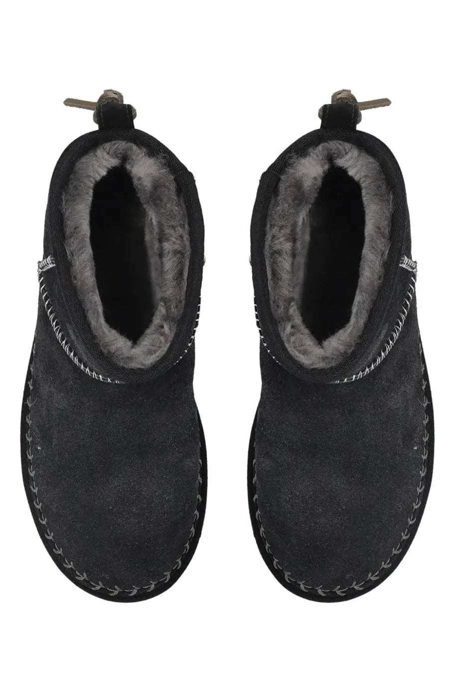 Ugg women’s classic ultra mini biarritz black ankle boots in black suede with gray shearling lining and white stitching