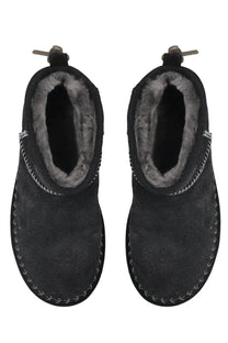 Ugg women’s classic ultra mini biarritz black ankle boots in black suede with gray shearling lining and white stitching