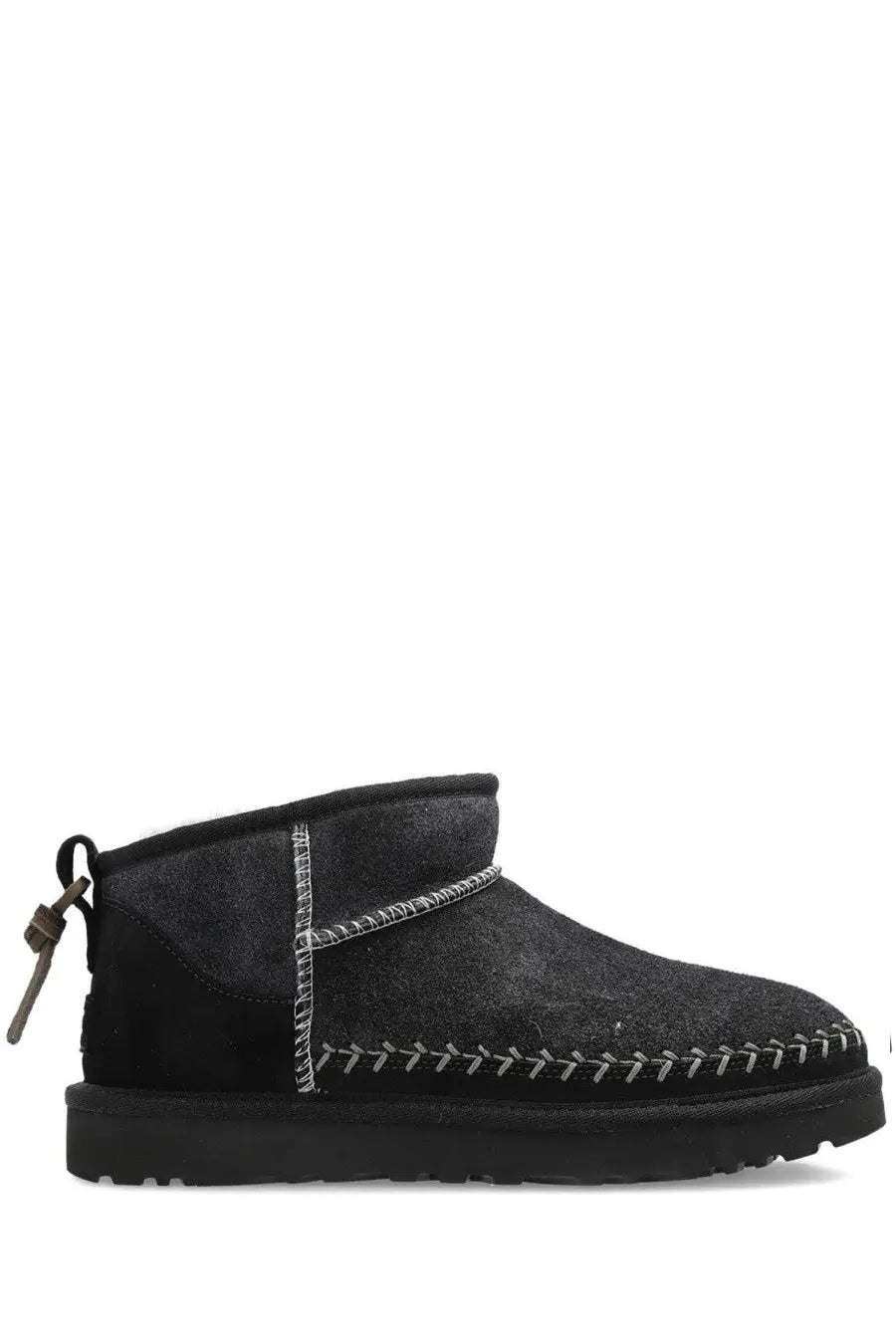 Ugg women’s boot classic ultra mini biarritz black with suede upper and contrasting white stitching along the seam