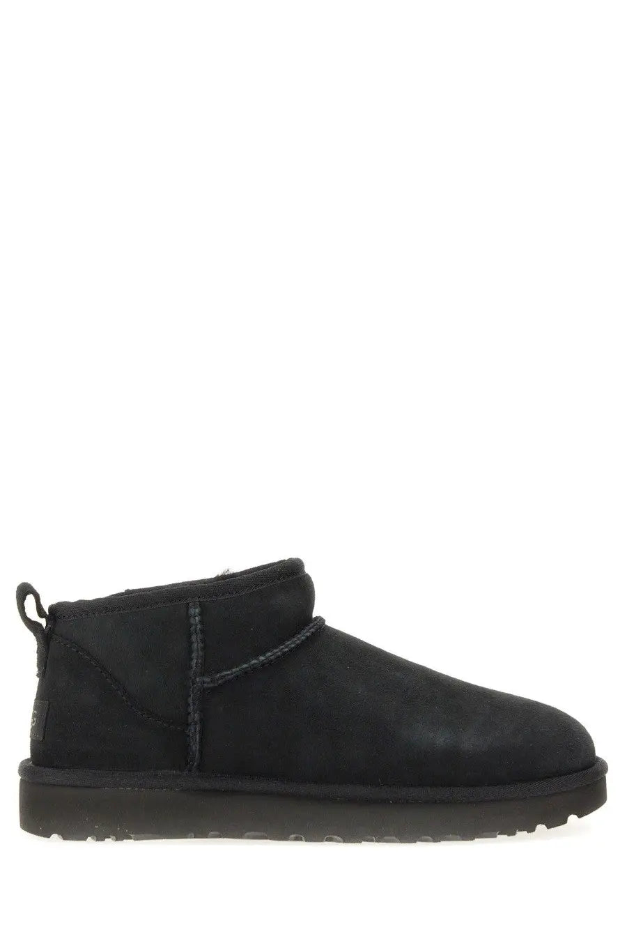 Ugg women’s classic ultra mini black boot with suede upper and stitched detailing