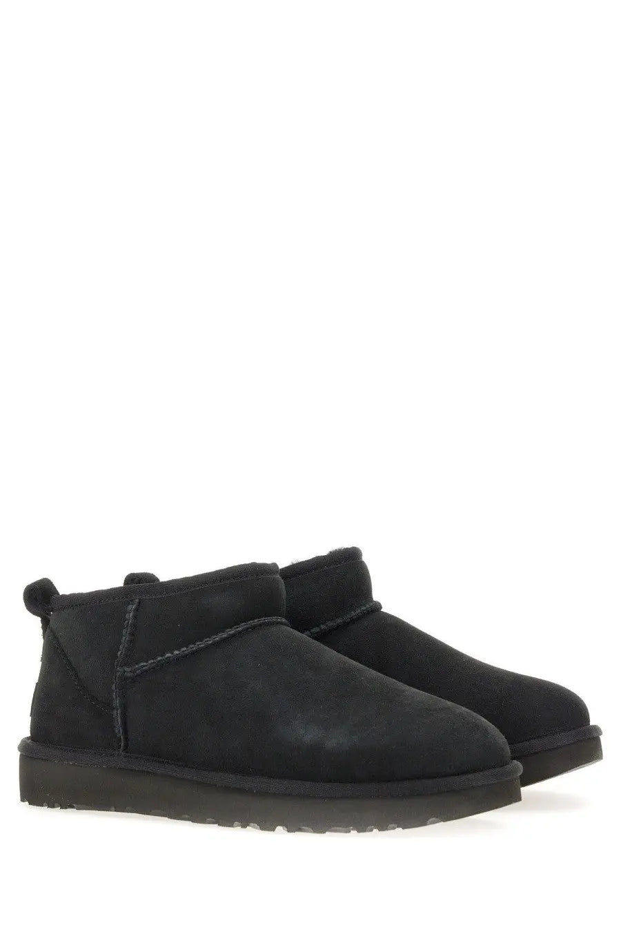 Ugg women’s classic ultra mini black boots in black suede with plush interior and stitched detailing