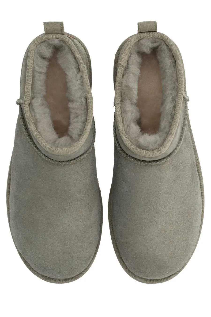 Ugg women’s classic ultra mini green boot featuring gray suede and plush white shearling lining
