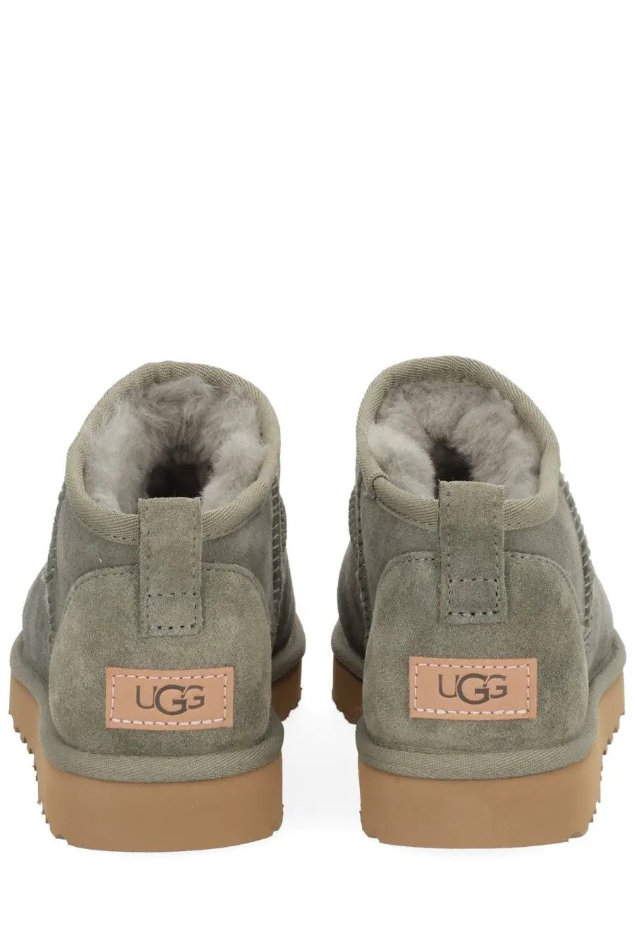 Ugg women’s boot classic ultra mini green olive green suede with tan rubber soles and plush gray lining